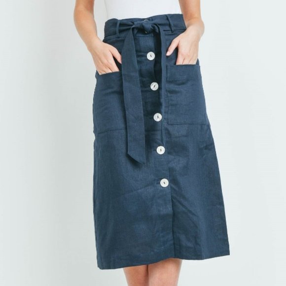 Dresses & Skirts - Belted Linen Button Skirt Navy Blue